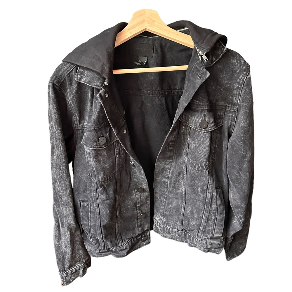 forever 21 men unisex black denim jean jacket distressed fabric hood oversized
